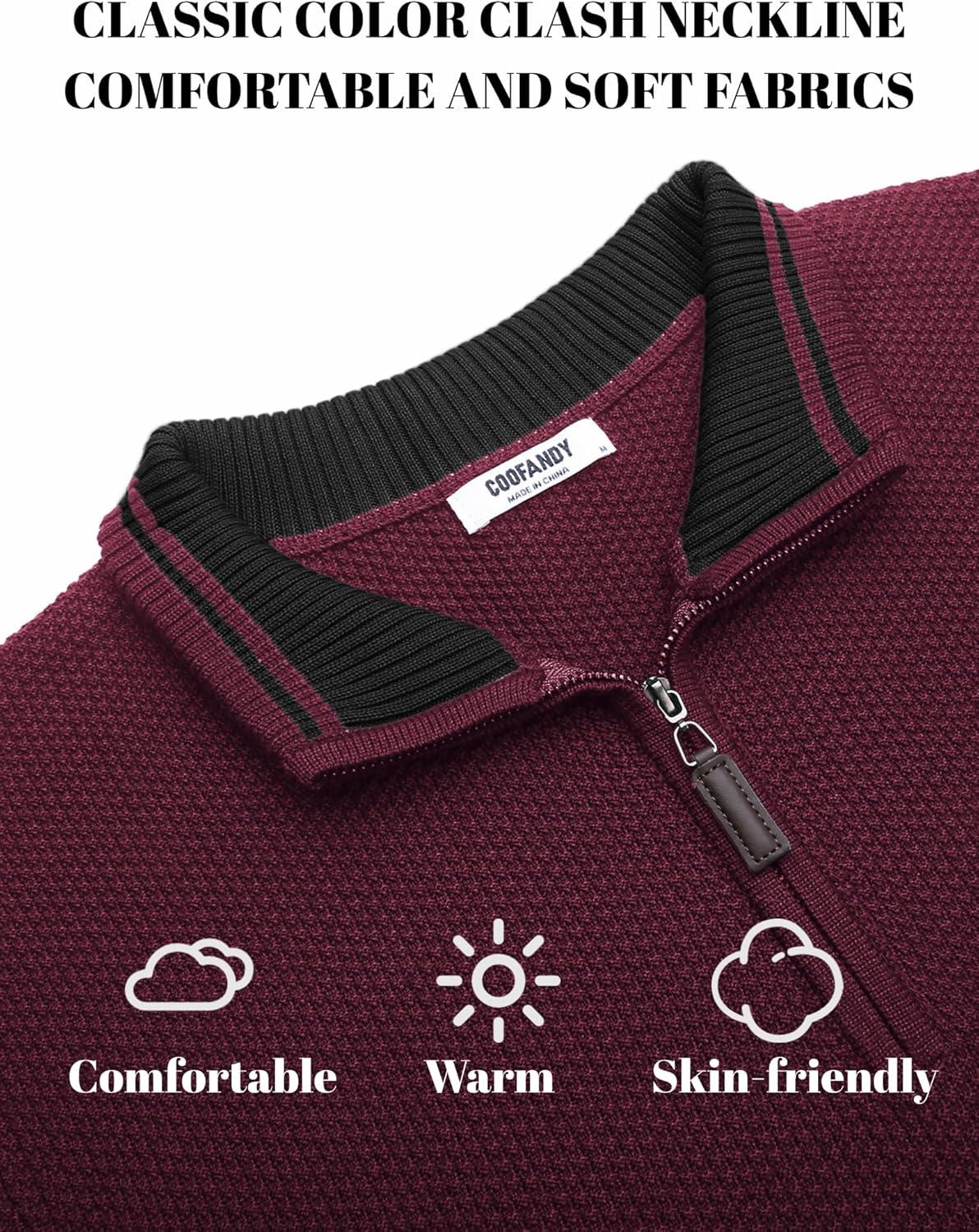 imageCOOFANDY Mens Quarter Zip Pullover Sweater Slim Fit Knit Mock Neck Polo SweatersDark Red
