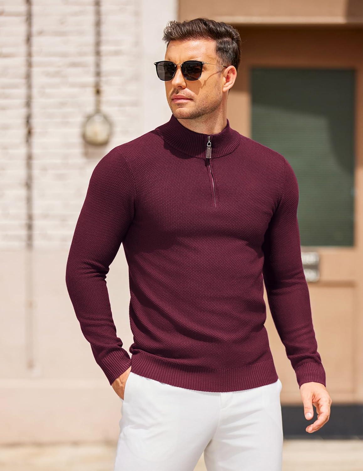 imageCOOFANDY Mens Quarter Zip Pullover Sweater Slim Fit Knit Mock Neck Polo SweatersDark Red