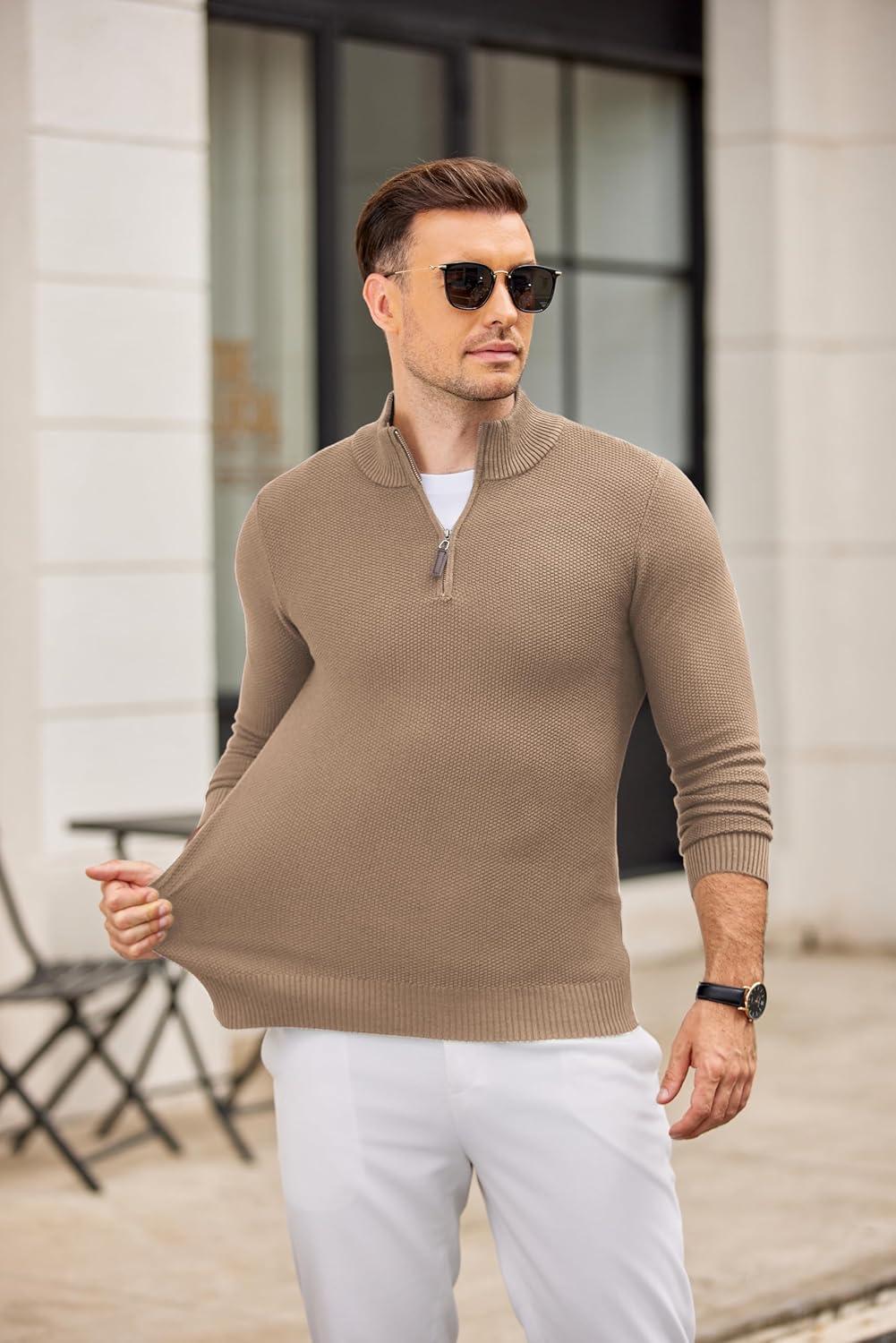 imageCOOFANDY Mens Quarter Zip Pullover Sweater Slim Fit Knit Mock Neck Polo SweatersKhaki