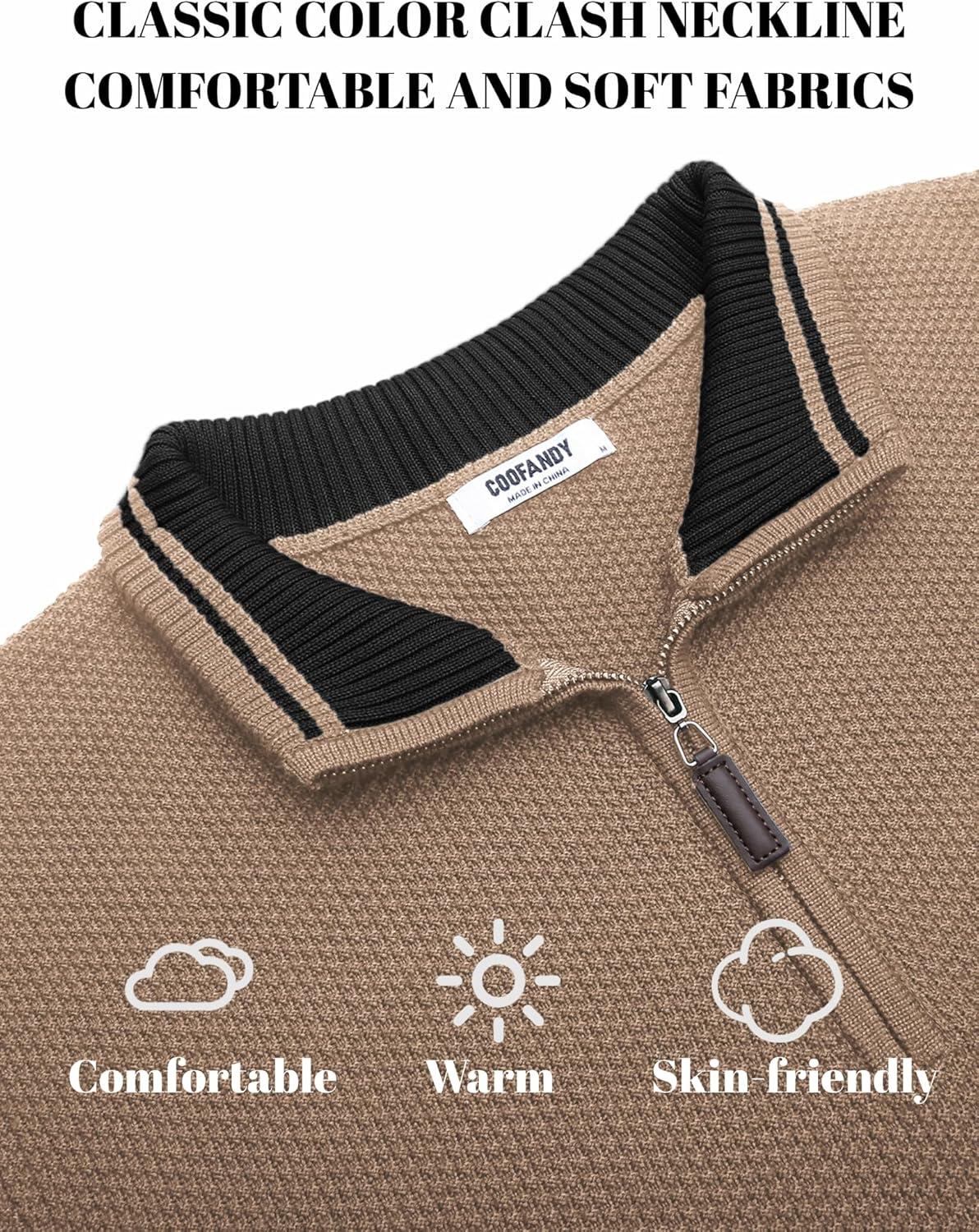 imageCOOFANDY Mens Quarter Zip Pullover Sweater Slim Fit Knit Mock Neck Polo SweatersKhaki