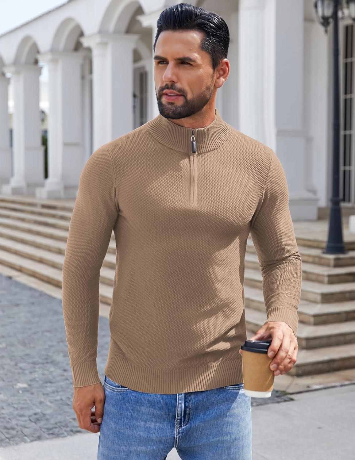 imageCOOFANDY Mens Quarter Zip Pullover Sweater Slim Fit Knit Mock Neck Polo SweatersKhaki