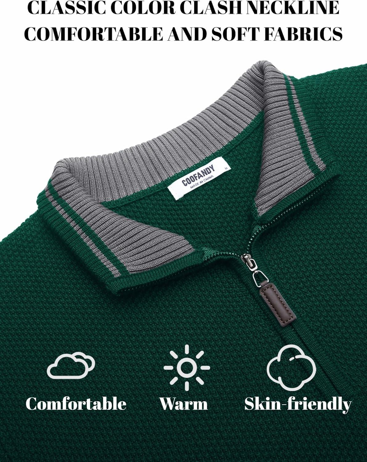 imageCOOFANDY Mens Quarter Zip Pullover Sweater Slim Fit Knit Mock Neck Polo SweatersLake Green