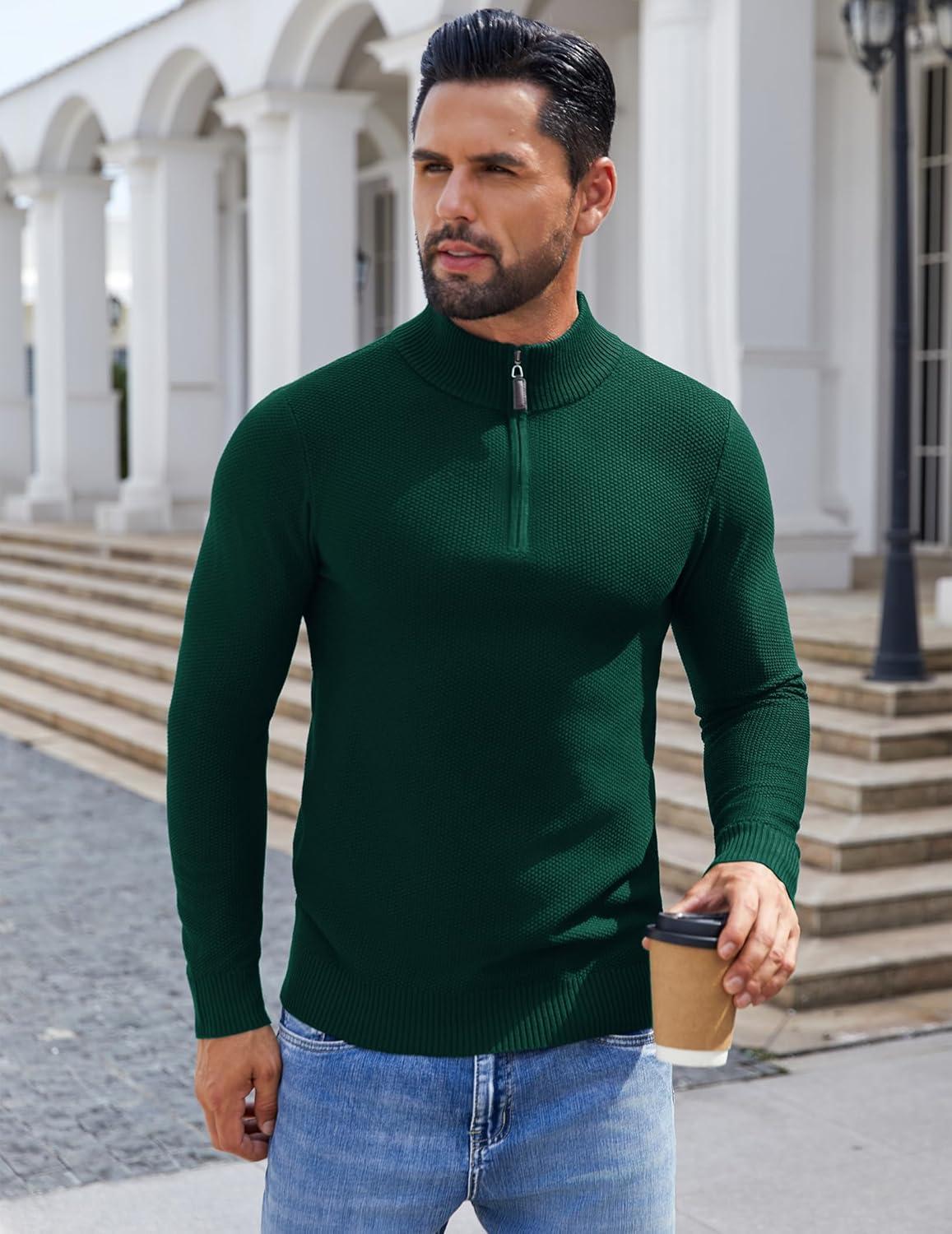 imageCOOFANDY Mens Quarter Zip Pullover Sweater Slim Fit Knit Mock Neck Polo SweatersLake Green