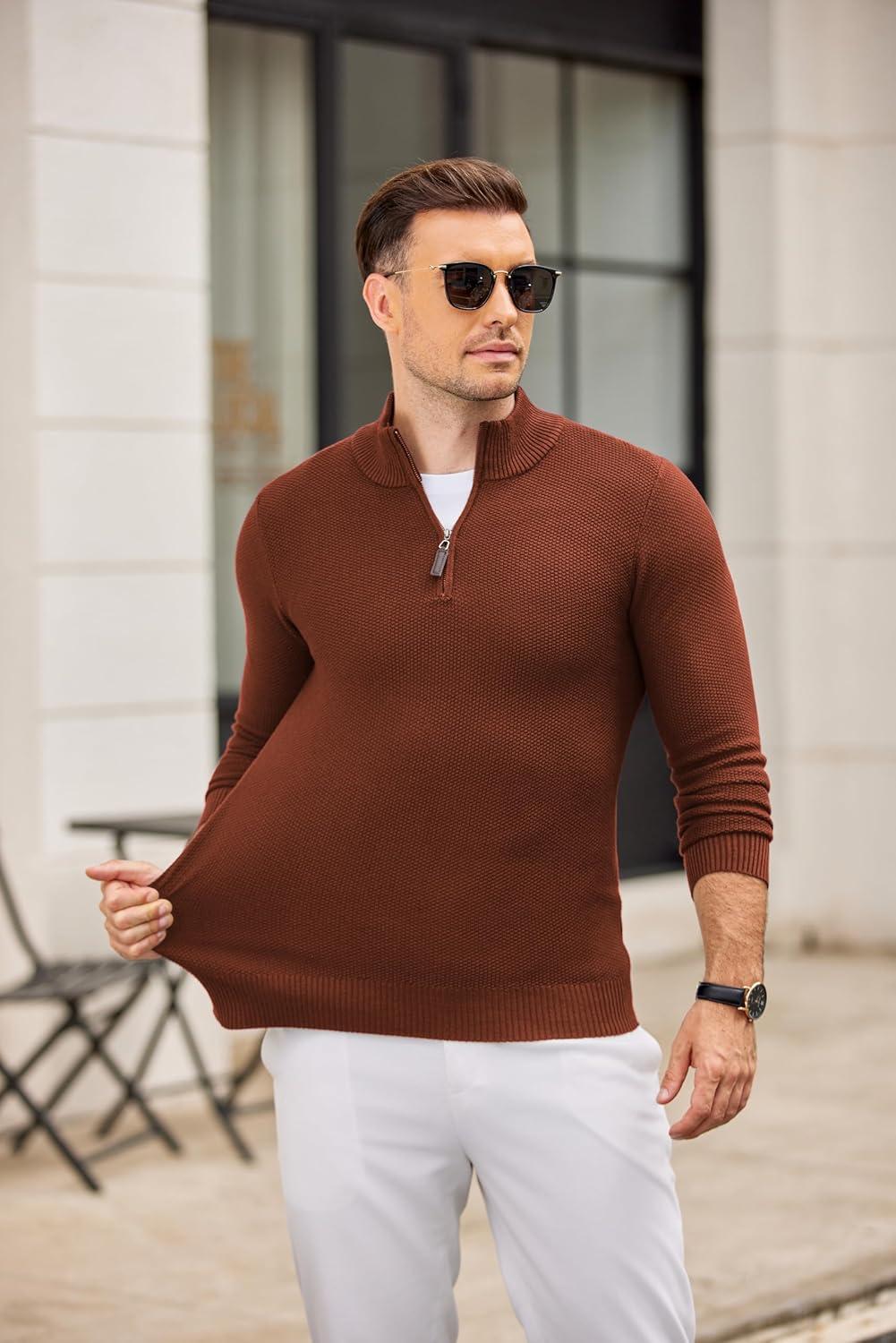 imageCOOFANDY Mens Quarter Zip Pullover Sweater Slim Fit Knit Mock Neck Polo SweatersTerracotta