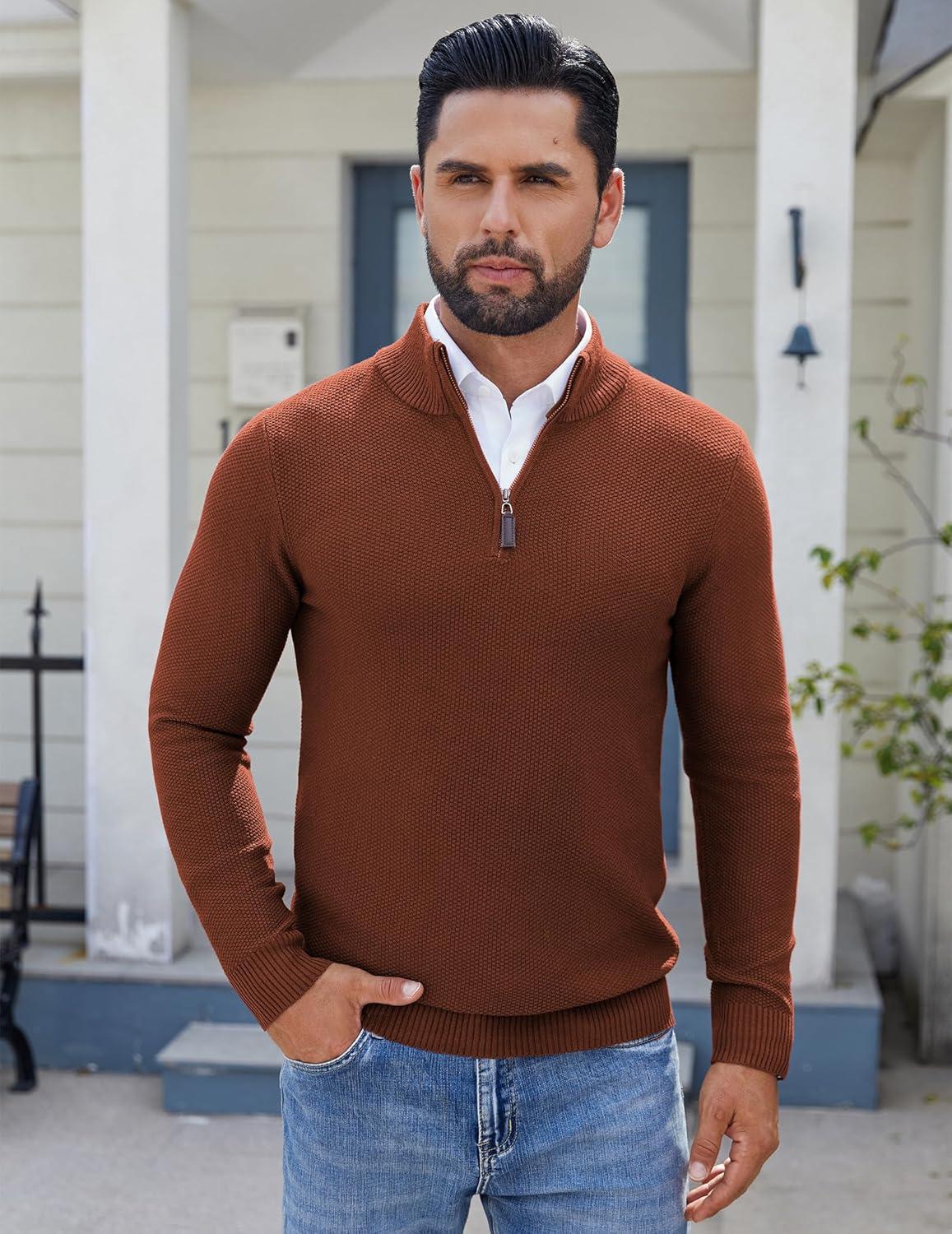 imageCOOFANDY Mens Quarter Zip Pullover Sweater Slim Fit Knit Mock Neck Polo SweatersTerracotta