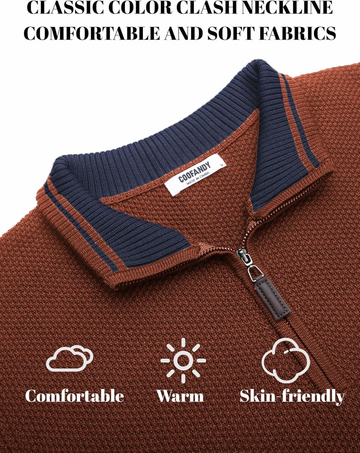 imageCOOFANDY Mens Quarter Zip Pullover Sweater Slim Fit Knit Mock Neck Polo SweatersTerracotta