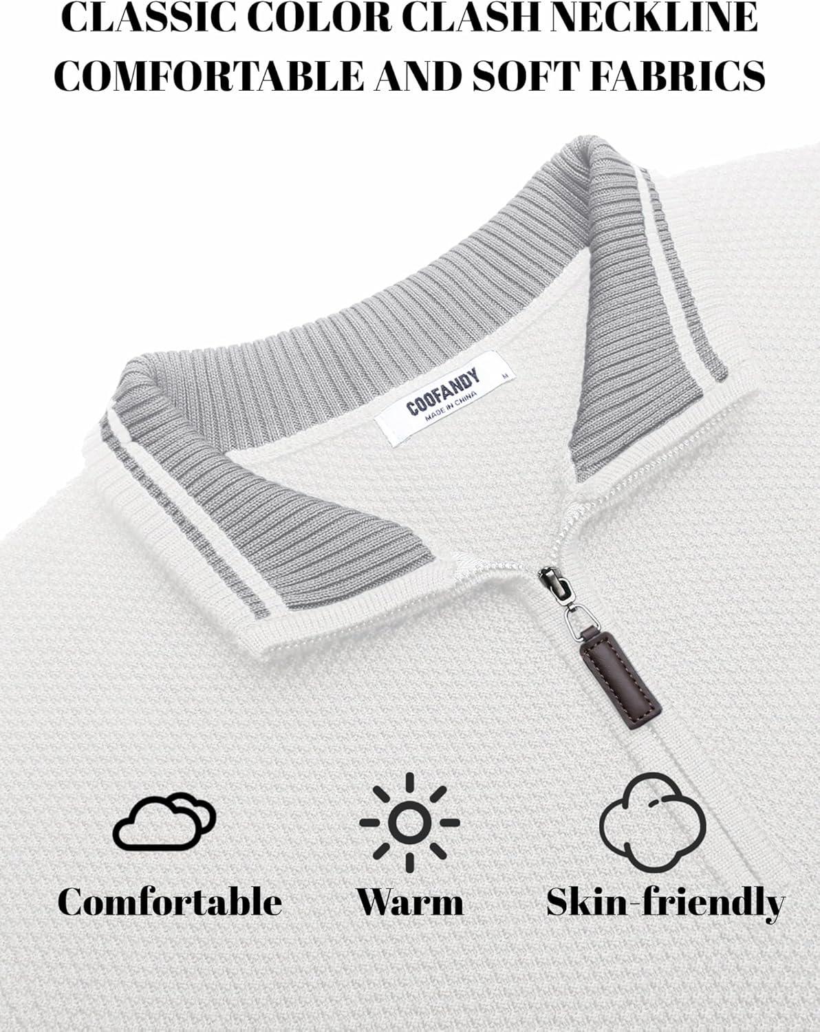 imageCOOFANDY Mens Quarter Zip Pullover Sweater Slim Fit Knit Mock Neck Polo SweatersWhite