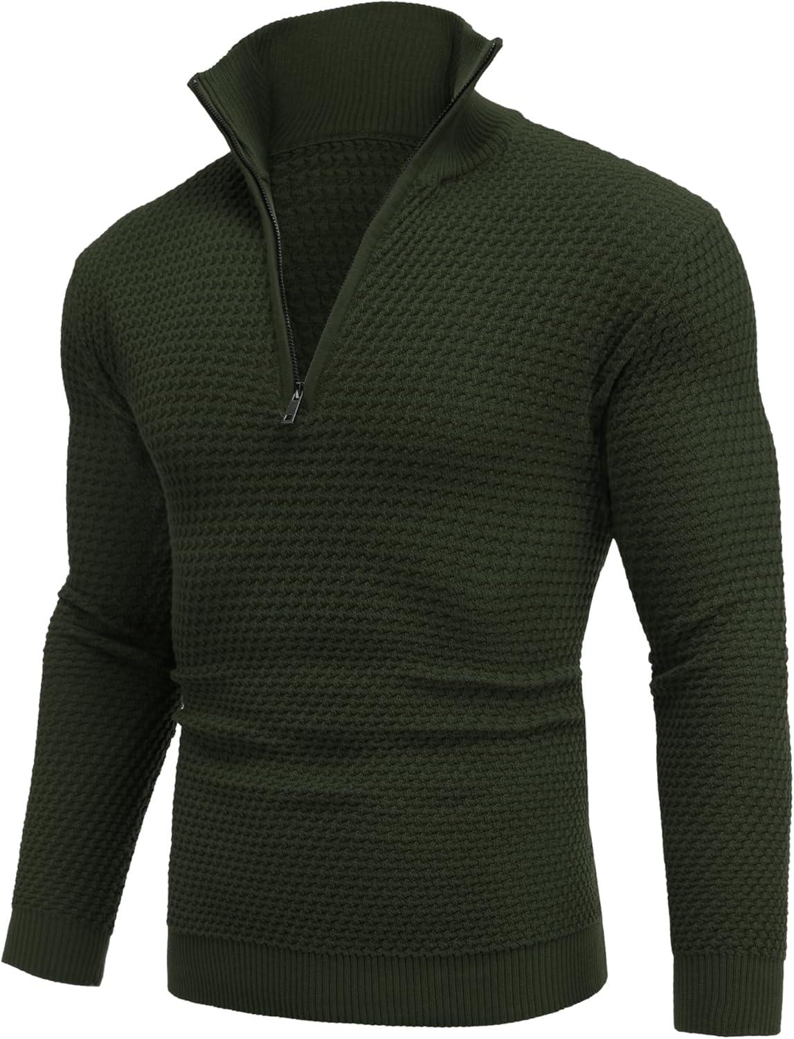 imageCOOFANDY Mens Quarter Zip Pullover Sweater Slim Fit Waffle Mock Turtleneck Polo Sweater Casual Long Sleeve SweatshirtArmy Green