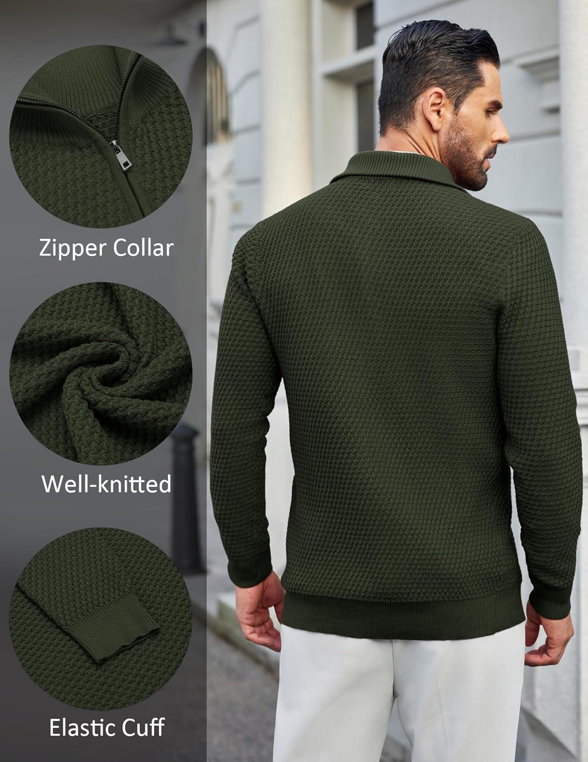 imageCOOFANDY Mens Quarter Zip Pullover Sweater Slim Fit Waffle Mock Turtleneck Polo Sweater Casual Long Sleeve SweatshirtArmy Green