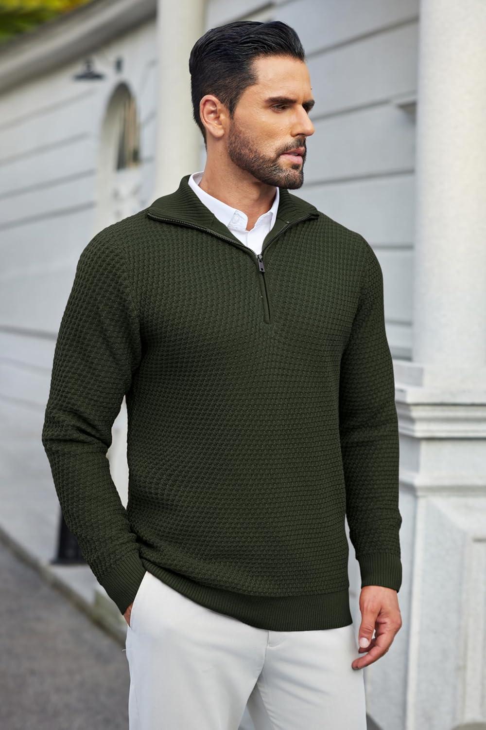imageCOOFANDY Mens Quarter Zip Pullover Sweater Slim Fit Waffle Mock Turtleneck Polo Sweater Casual Long Sleeve SweatshirtArmy Green