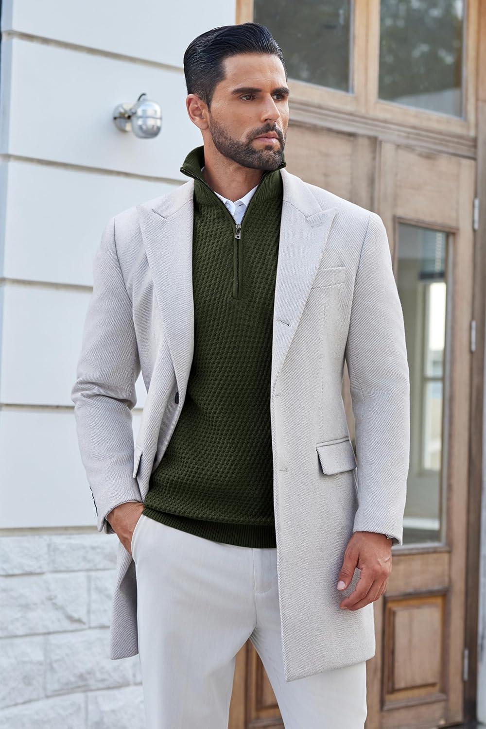 imageCOOFANDY Mens Quarter Zip Pullover Sweater Slim Fit Waffle Mock Turtleneck Polo Sweater Casual Long Sleeve SweatshirtArmy Green
