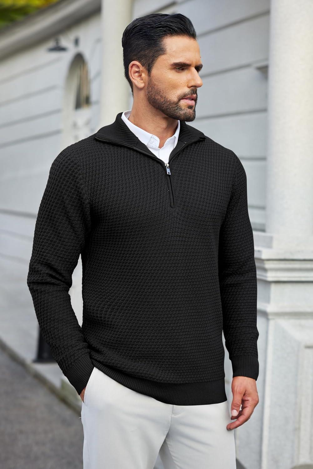 imageCOOFANDY Mens Quarter Zip Pullover Sweater Slim Fit Waffle Mock Turtleneck Polo Sweater Casual Long Sleeve SweatshirtBlack