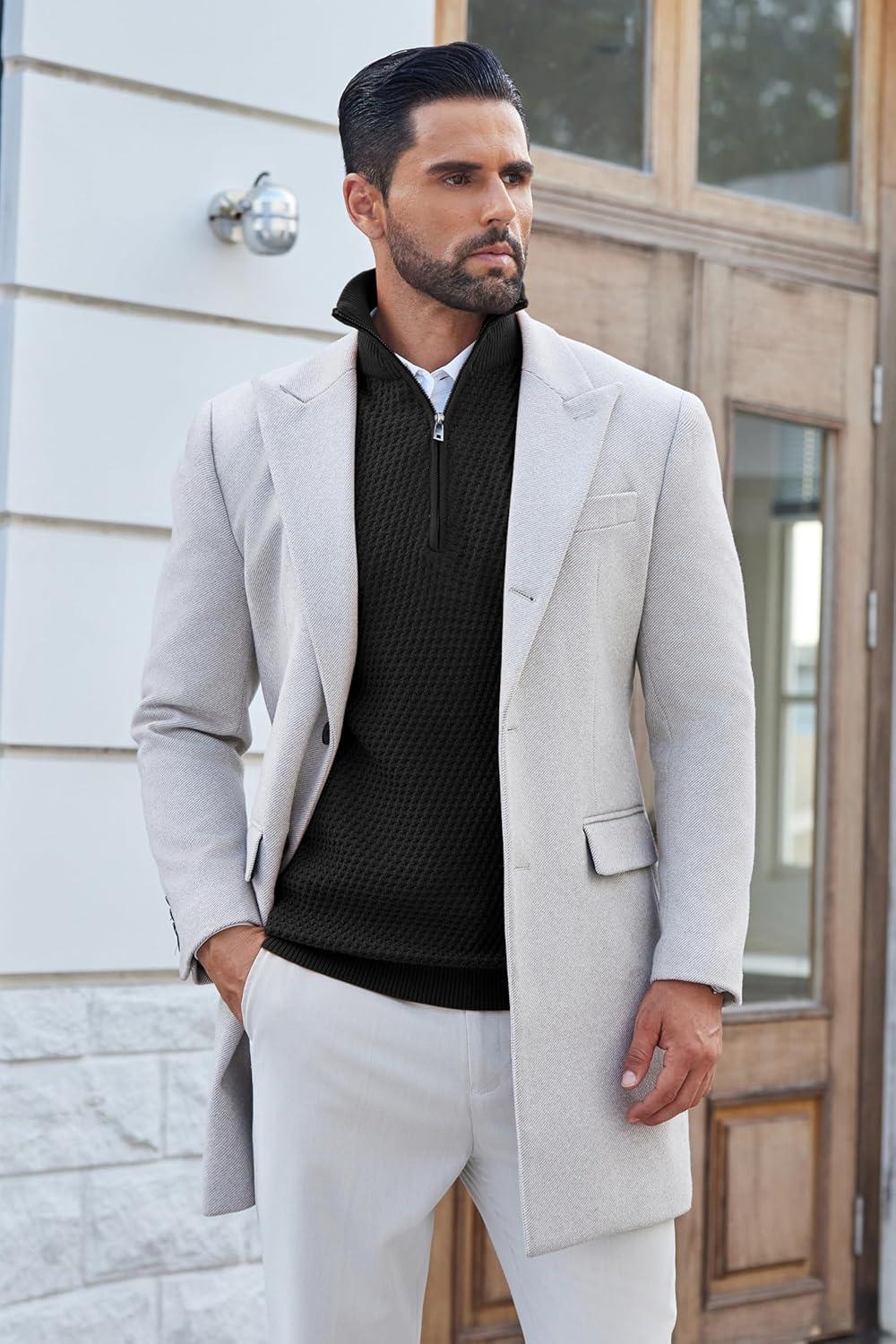 imageCOOFANDY Mens Quarter Zip Pullover Sweater Slim Fit Waffle Mock Turtleneck Polo Sweater Casual Long Sleeve SweatshirtBlack