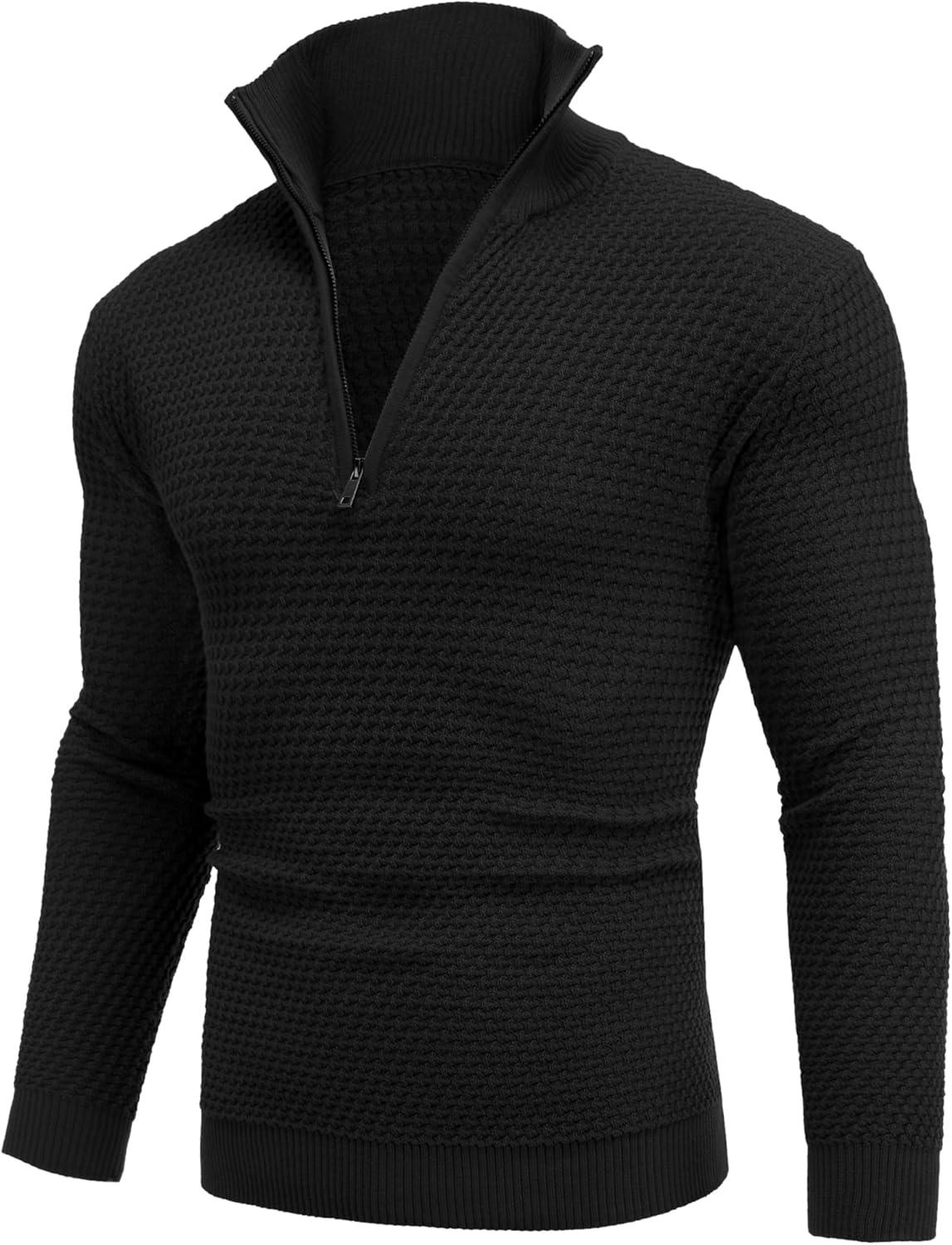 imageCOOFANDY Mens Quarter Zip Pullover Sweater Slim Fit Waffle Mock Turtleneck Polo Sweater Casual Long Sleeve SweatshirtBlack