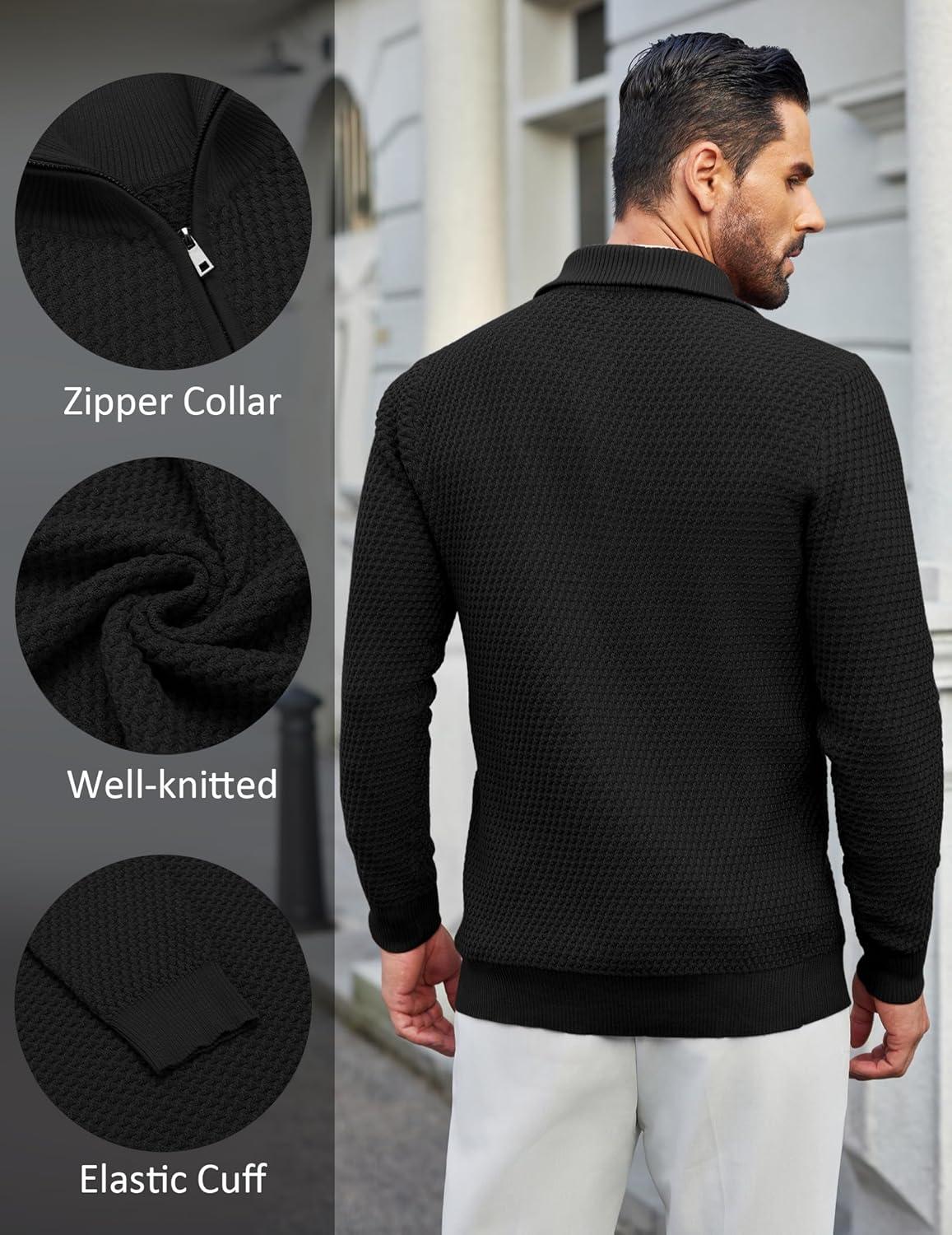 imageCOOFANDY Mens Quarter Zip Pullover Sweater Slim Fit Waffle Mock Turtleneck Polo Sweater Casual Long Sleeve SweatshirtBlack