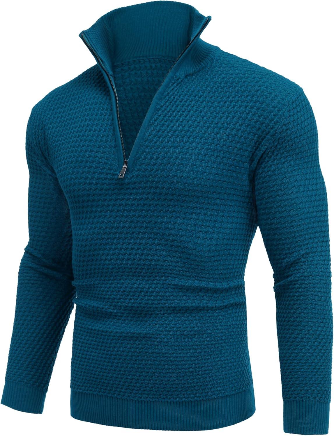 imageCOOFANDY Mens Quarter Zip Pullover Sweater Slim Fit Waffle Mock Turtleneck Polo Sweater Casual Long Sleeve SweatshirtBlue