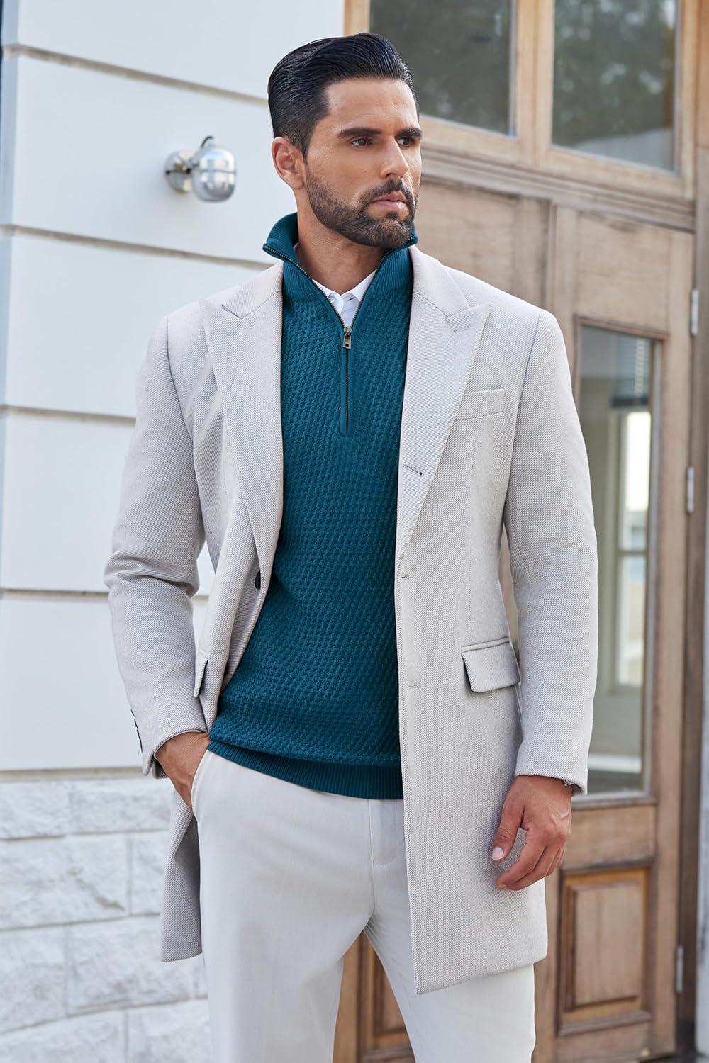 imageCOOFANDY Mens Quarter Zip Pullover Sweater Slim Fit Waffle Mock Turtleneck Polo Sweater Casual Long Sleeve SweatshirtBlue