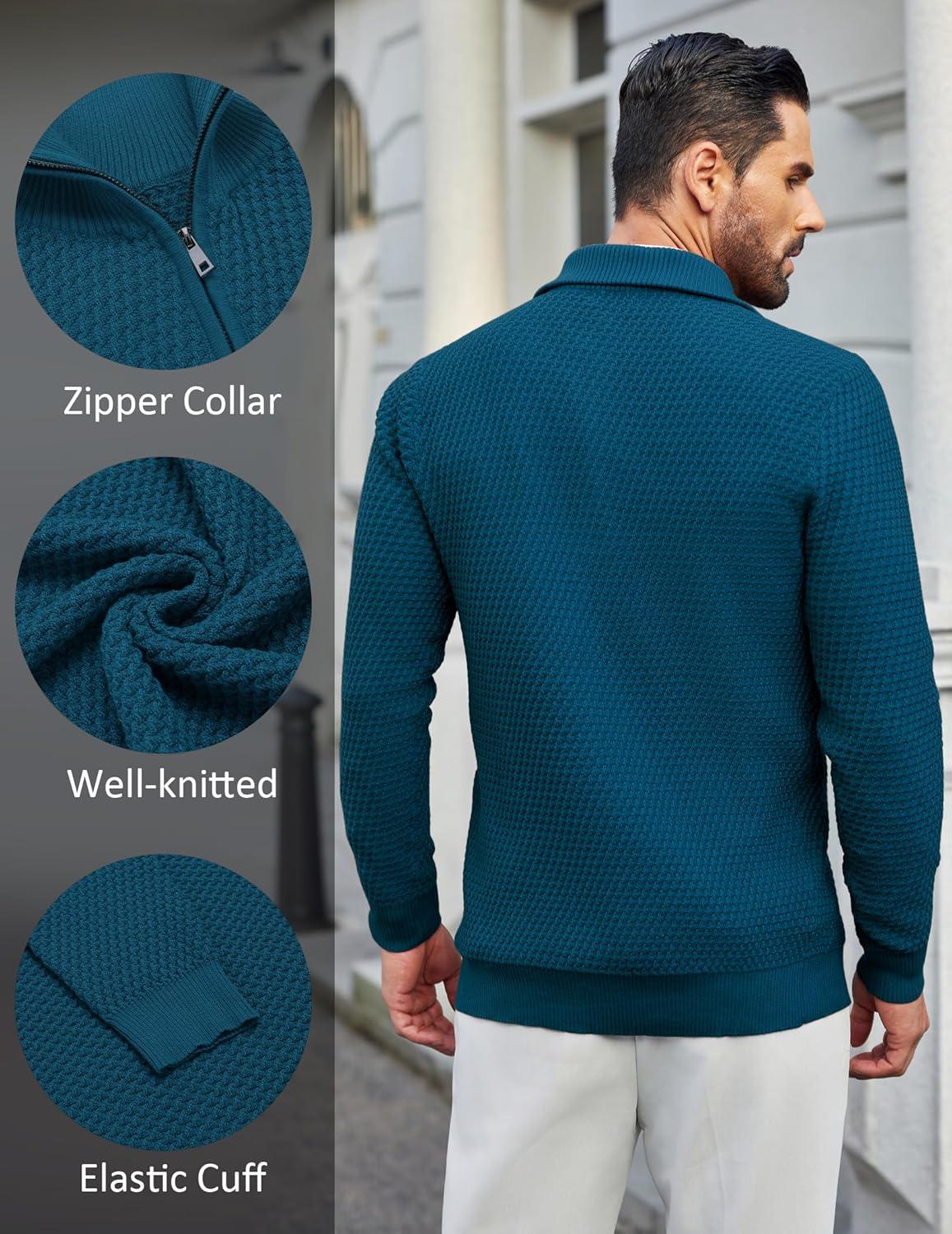 imageCOOFANDY Mens Quarter Zip Pullover Sweater Slim Fit Waffle Mock Turtleneck Polo Sweater Casual Long Sleeve SweatshirtBlue