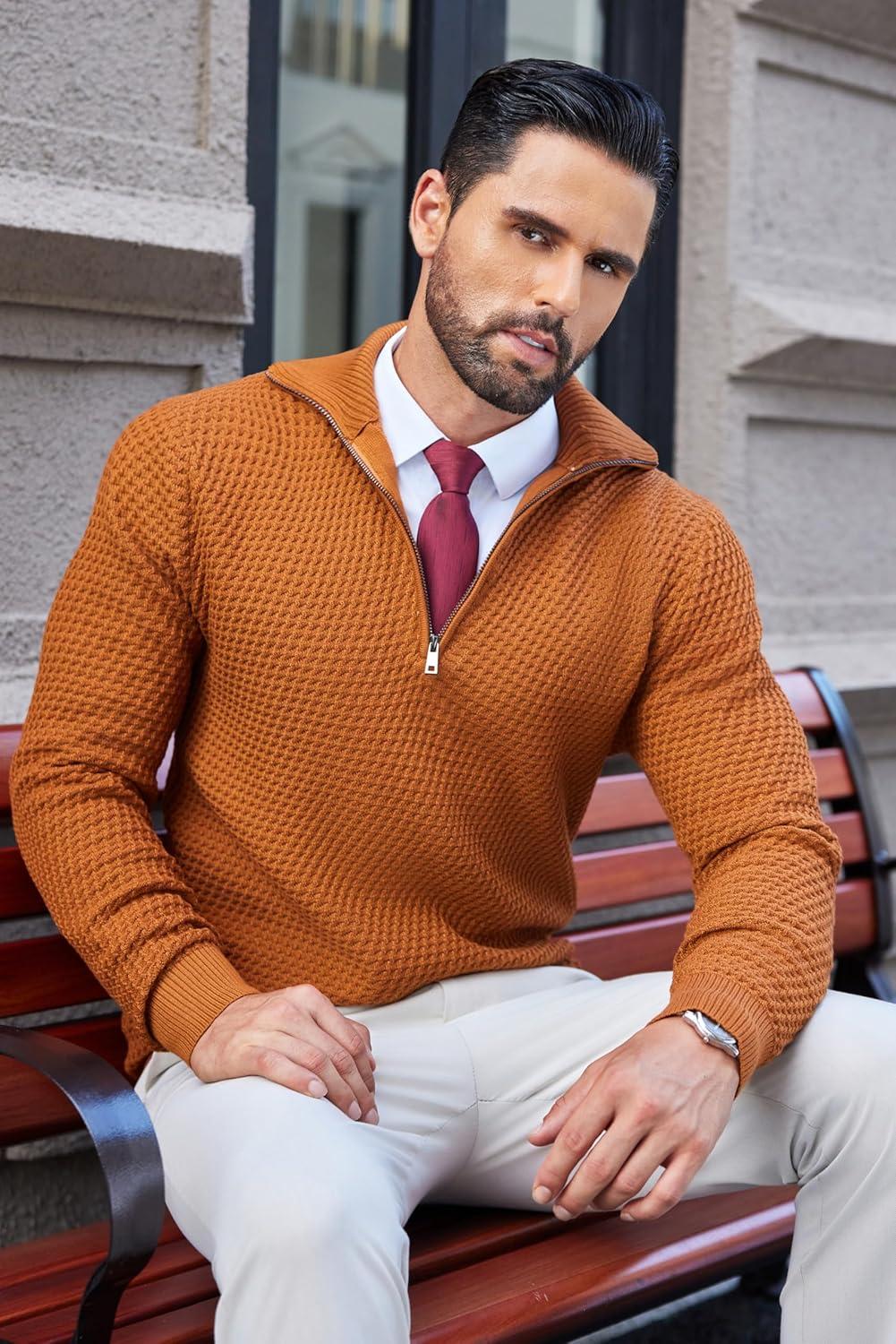 imageCOOFANDY Mens Quarter Zip Pullover Sweater Slim Fit Waffle Mock Turtleneck Polo Sweater Casual Long Sleeve SweatshirtBrown