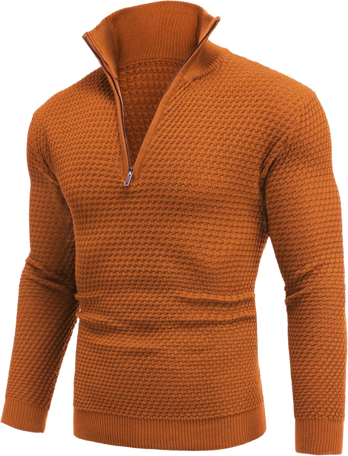 imageCOOFANDY Mens Quarter Zip Pullover Sweater Slim Fit Waffle Mock Turtleneck Polo Sweater Casual Long Sleeve SweatshirtBrown