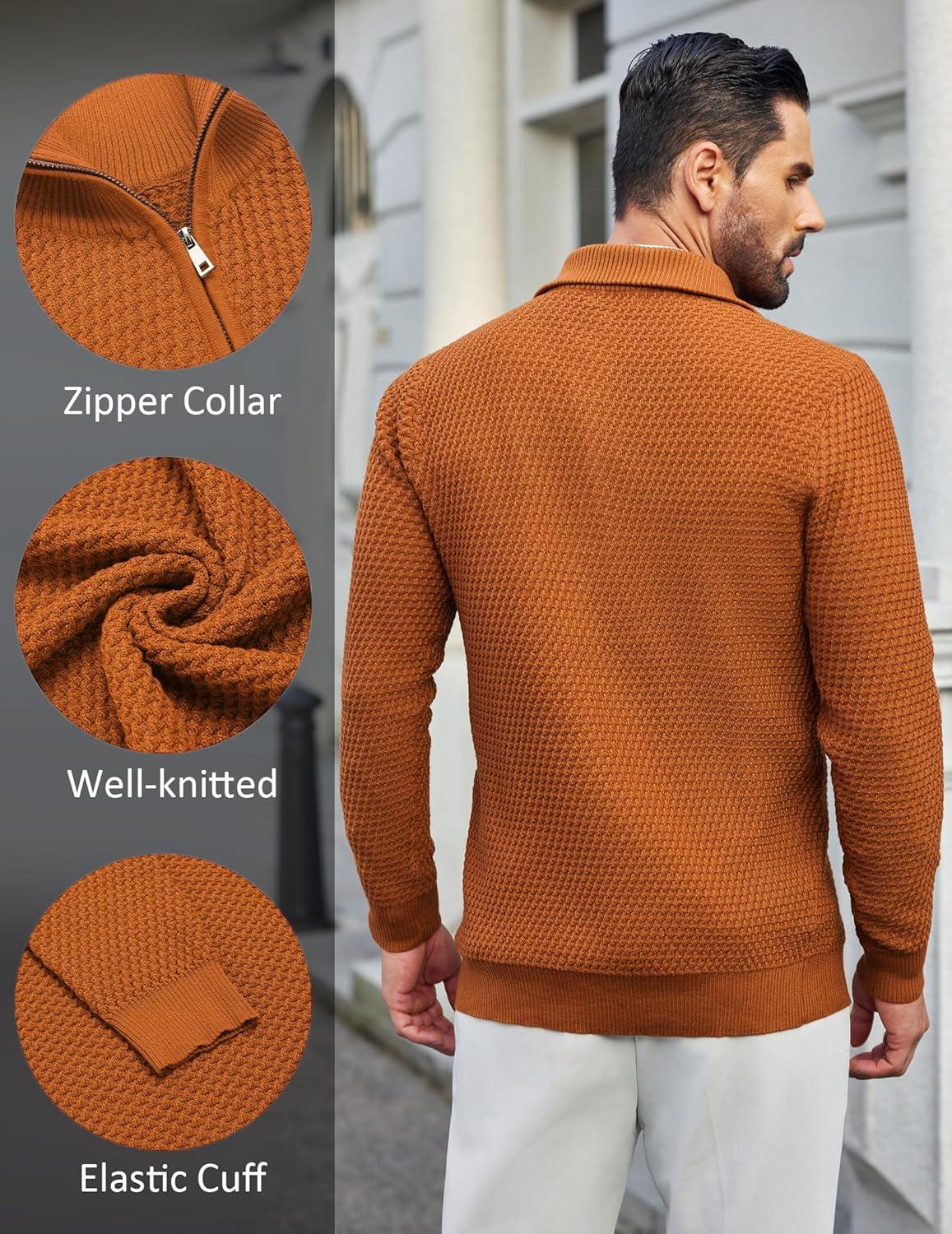 imageCOOFANDY Mens Quarter Zip Pullover Sweater Slim Fit Waffle Mock Turtleneck Polo Sweater Casual Long Sleeve SweatshirtBrown