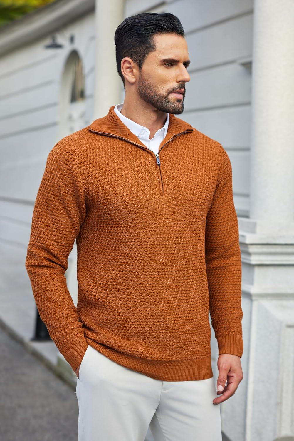 imageCOOFANDY Mens Quarter Zip Pullover Sweater Slim Fit Waffle Mock Turtleneck Polo Sweater Casual Long Sleeve SweatshirtBrown