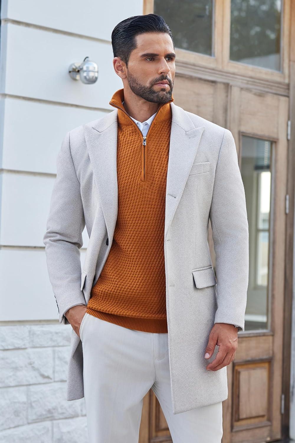 imageCOOFANDY Mens Quarter Zip Pullover Sweater Slim Fit Waffle Mock Turtleneck Polo Sweater Casual Long Sleeve SweatshirtBrown