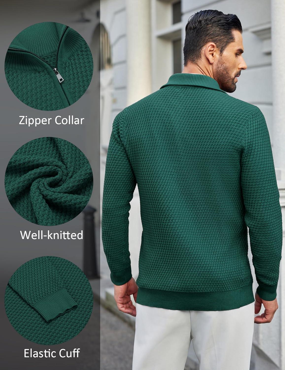 imageCOOFANDY Mens Quarter Zip Pullover Sweater Slim Fit Waffle Mock Turtleneck Polo Sweater Casual Long Sleeve SweatshirtDark Green