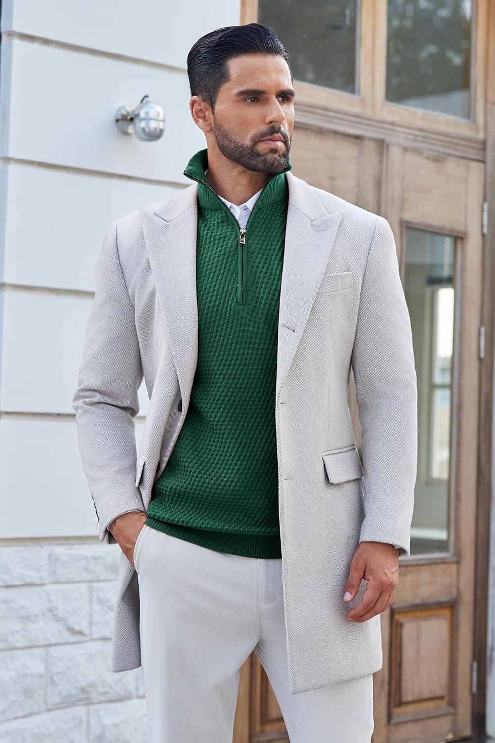 imageCOOFANDY Mens Quarter Zip Pullover Sweater Slim Fit Waffle Mock Turtleneck Polo Sweater Casual Long Sleeve SweatshirtDark Green