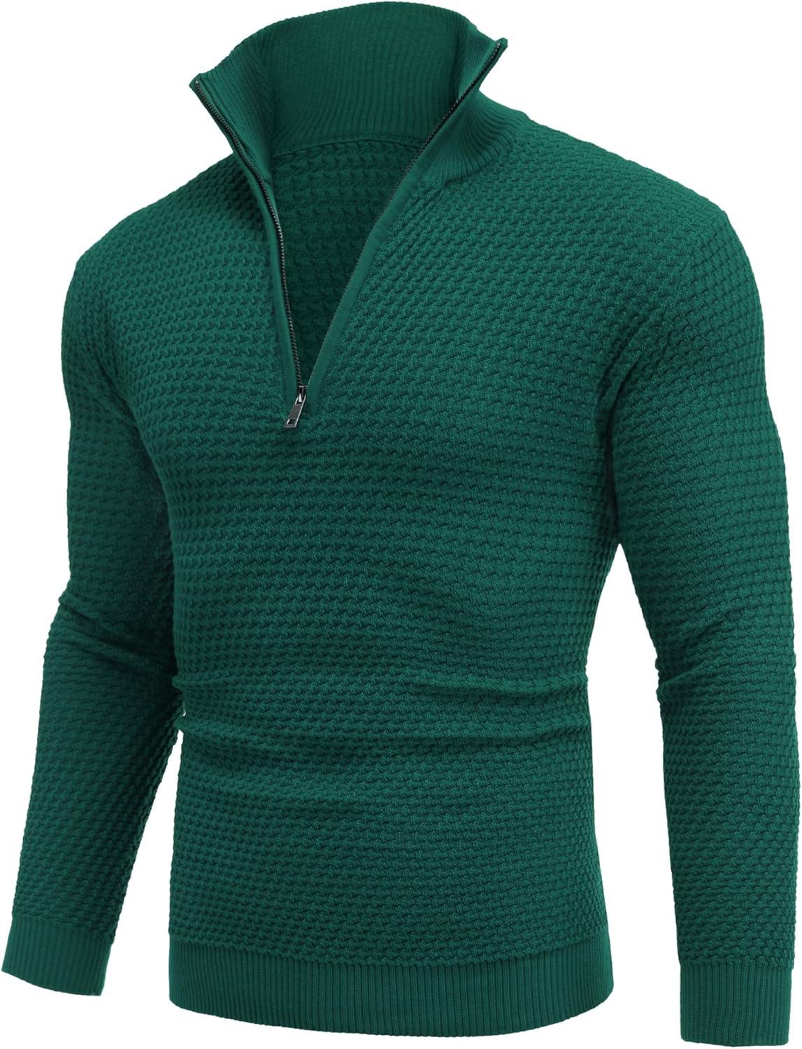 imageCOOFANDY Mens Quarter Zip Pullover Sweater Slim Fit Waffle Mock Turtleneck Polo Sweater Casual Long Sleeve SweatshirtDark Green