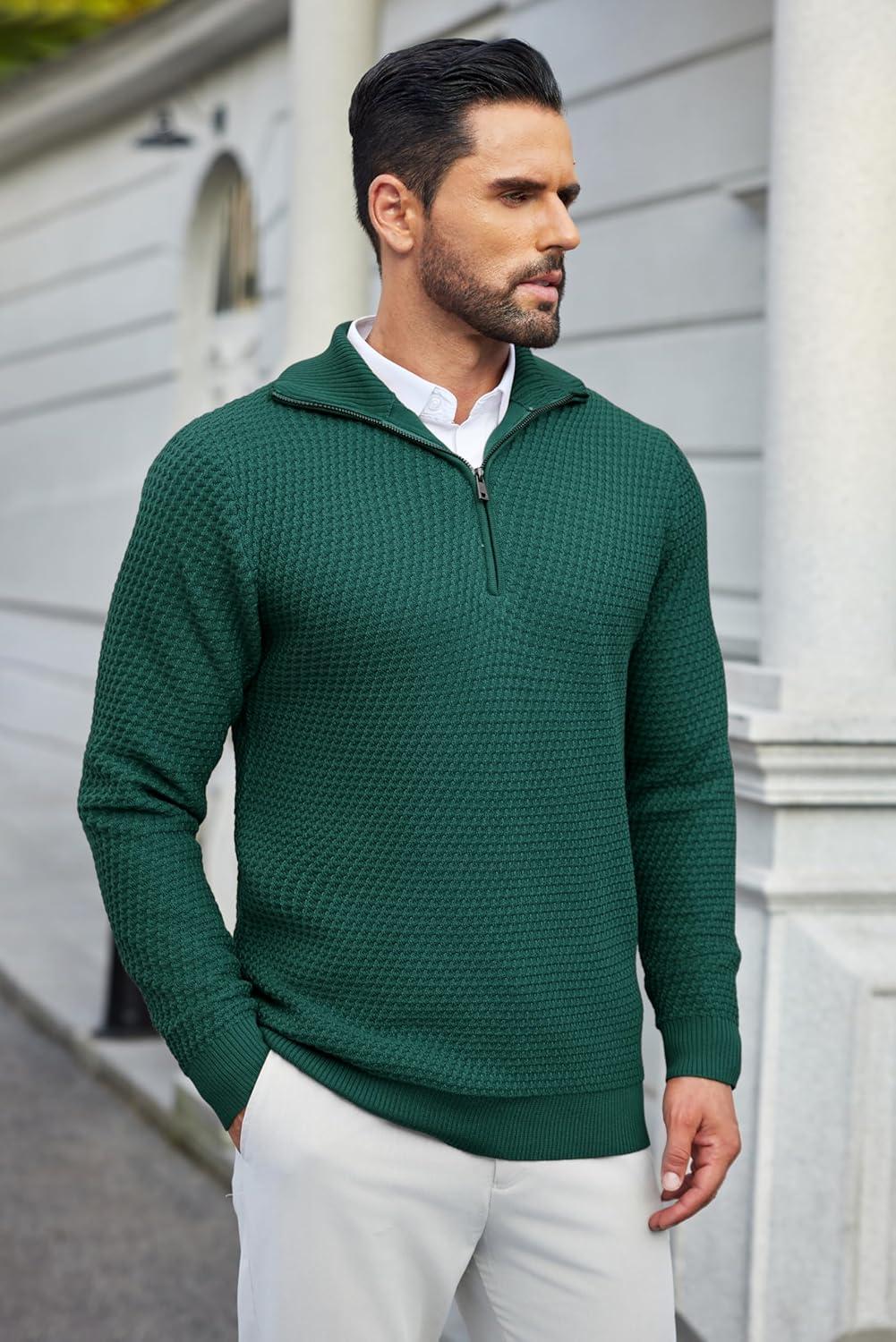 imageCOOFANDY Mens Quarter Zip Pullover Sweater Slim Fit Waffle Mock Turtleneck Polo Sweater Casual Long Sleeve SweatshirtDark Green
