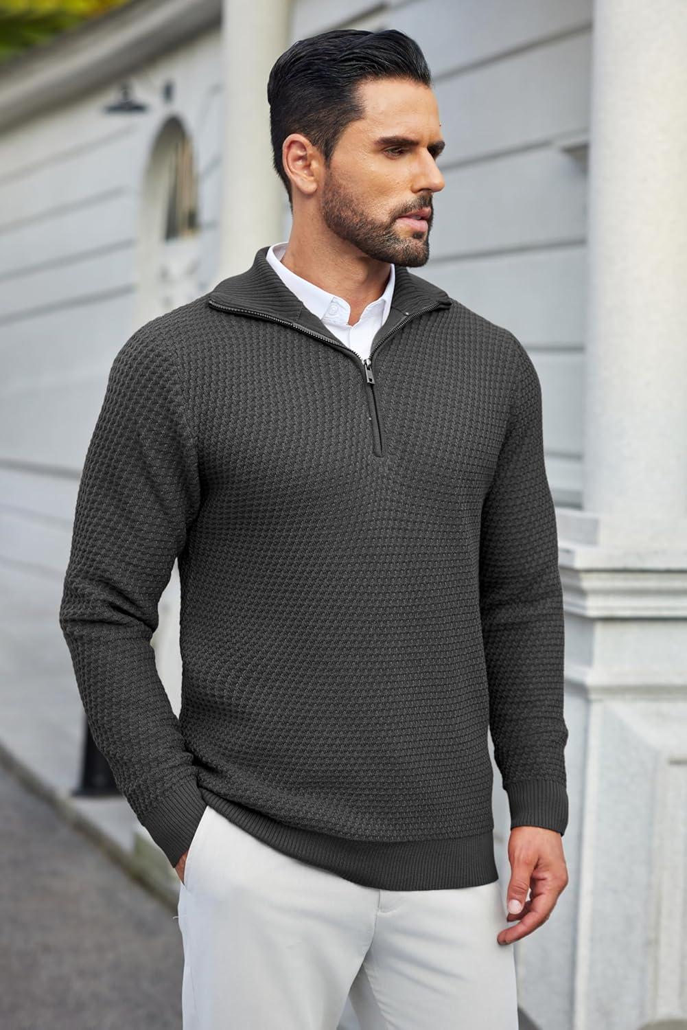 imageCOOFANDY Mens Quarter Zip Pullover Sweater Slim Fit Waffle Mock Turtleneck Polo Sweater Casual Long Sleeve SweatshirtDark Grey