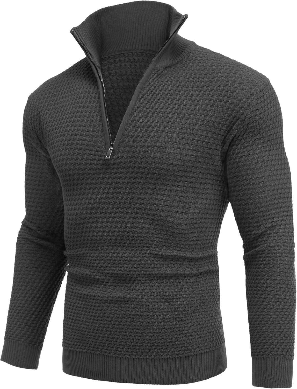 imageCOOFANDY Mens Quarter Zip Pullover Sweater Slim Fit Waffle Mock Turtleneck Polo Sweater Casual Long Sleeve SweatshirtDark Grey