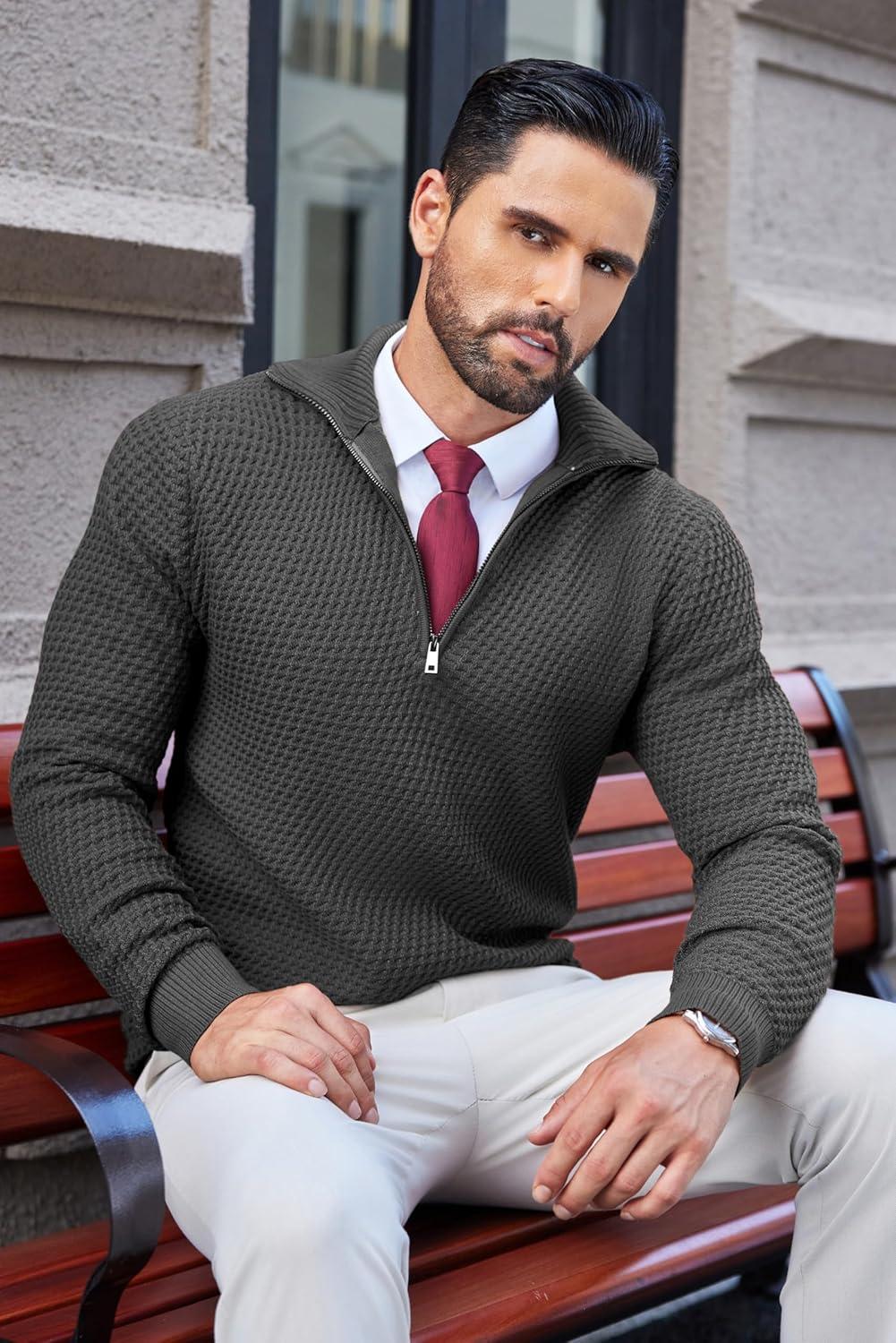 imageCOOFANDY Mens Quarter Zip Pullover Sweater Slim Fit Waffle Mock Turtleneck Polo Sweater Casual Long Sleeve SweatshirtDark Grey
