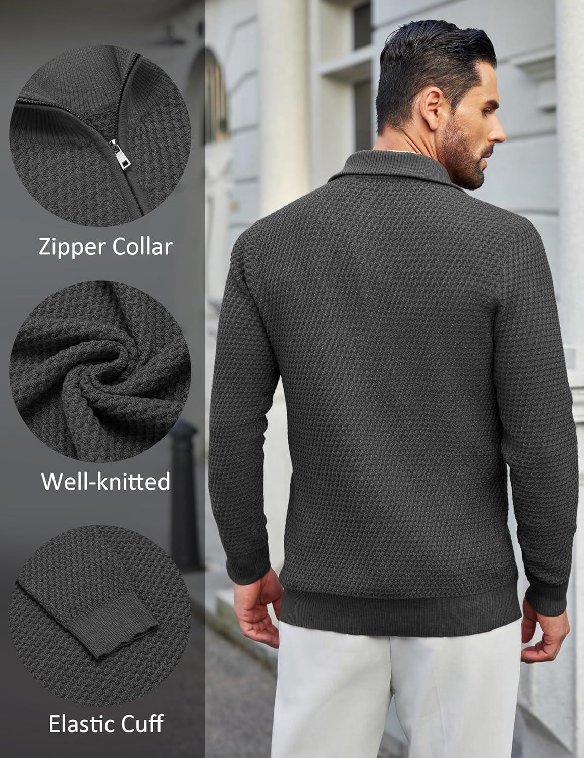 imageCOOFANDY Mens Quarter Zip Pullover Sweater Slim Fit Waffle Mock Turtleneck Polo Sweater Casual Long Sleeve SweatshirtDark Grey