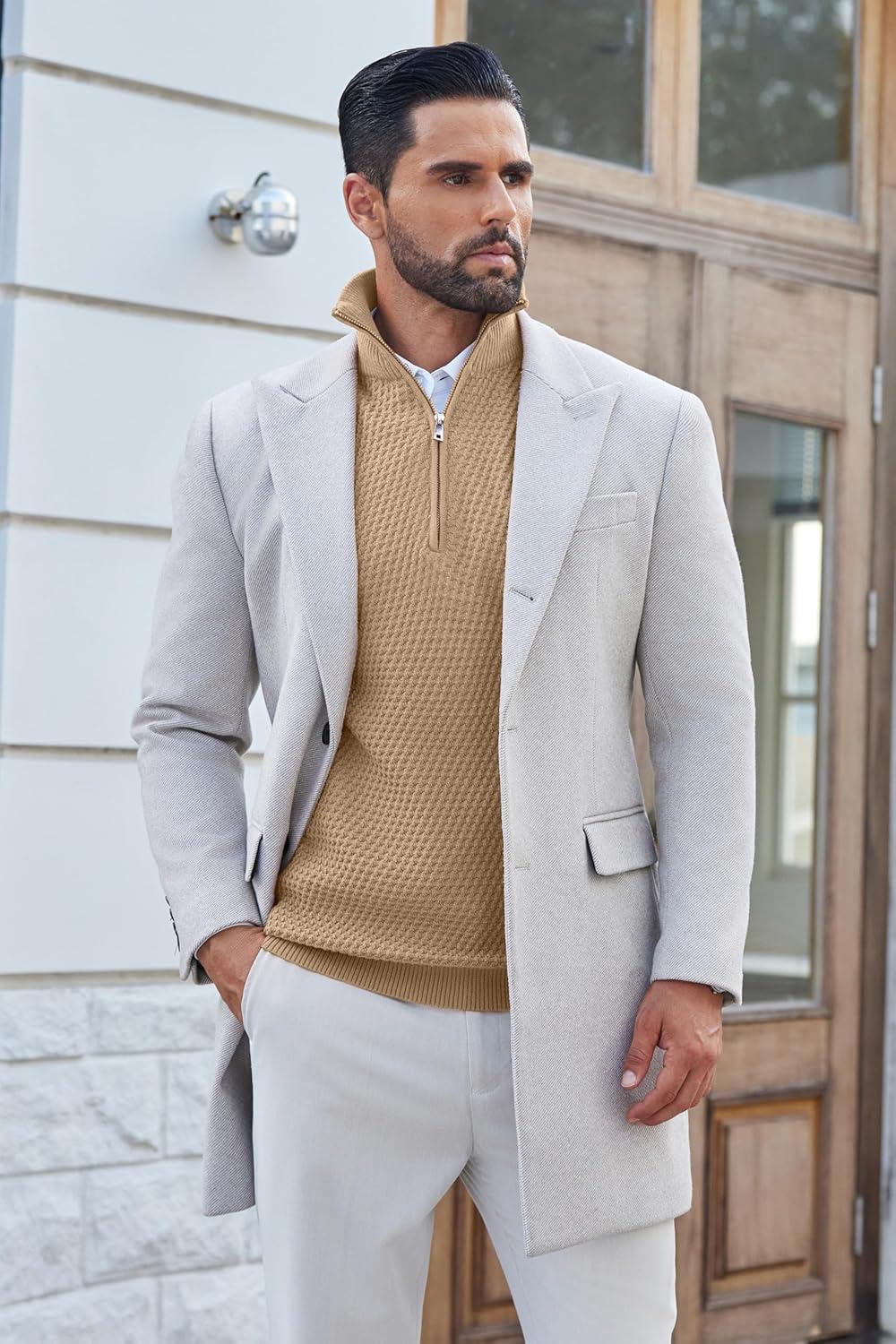 imageCOOFANDY Mens Quarter Zip Pullover Sweater Slim Fit Waffle Mock Turtleneck Polo Sweater Casual Long Sleeve SweatshirtDark Khaki