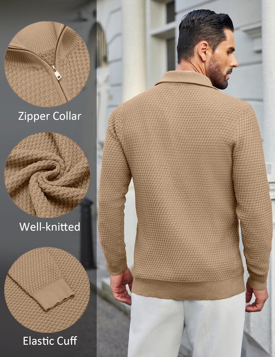 imageCOOFANDY Mens Quarter Zip Pullover Sweater Slim Fit Waffle Mock Turtleneck Polo Sweater Casual Long Sleeve SweatshirtDark Khaki