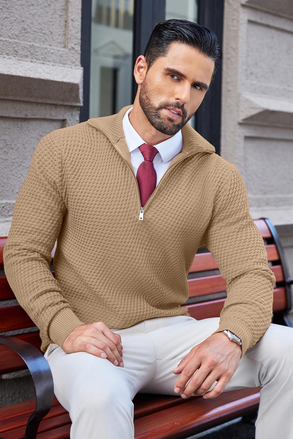 imageCOOFANDY Mens Quarter Zip Pullover Sweater Slim Fit Waffle Mock Turtleneck Polo Sweater Casual Long Sleeve SweatshirtDark Khaki