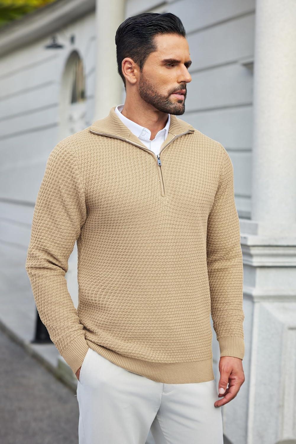 imageCOOFANDY Mens Quarter Zip Pullover Sweater Slim Fit Waffle Mock Turtleneck Polo Sweater Casual Long Sleeve SweatshirtKhaki