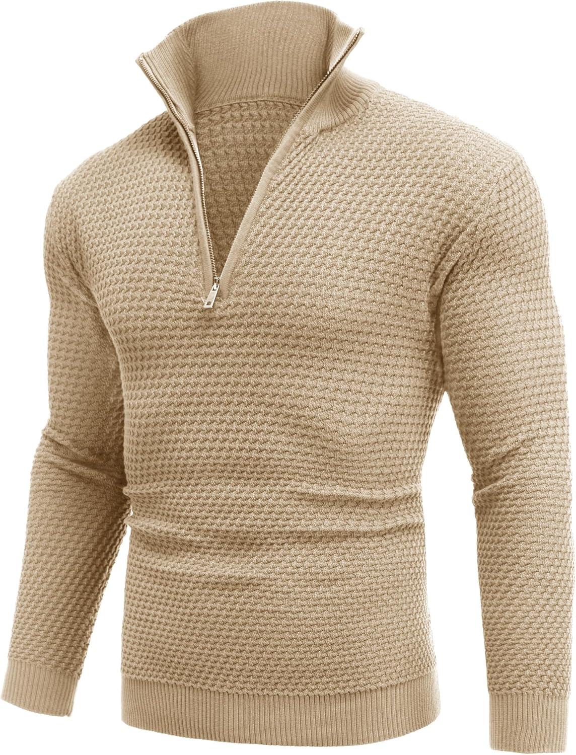 imageCOOFANDY Mens Quarter Zip Pullover Sweater Slim Fit Waffle Mock Turtleneck Polo Sweater Casual Long Sleeve SweatshirtKhaki