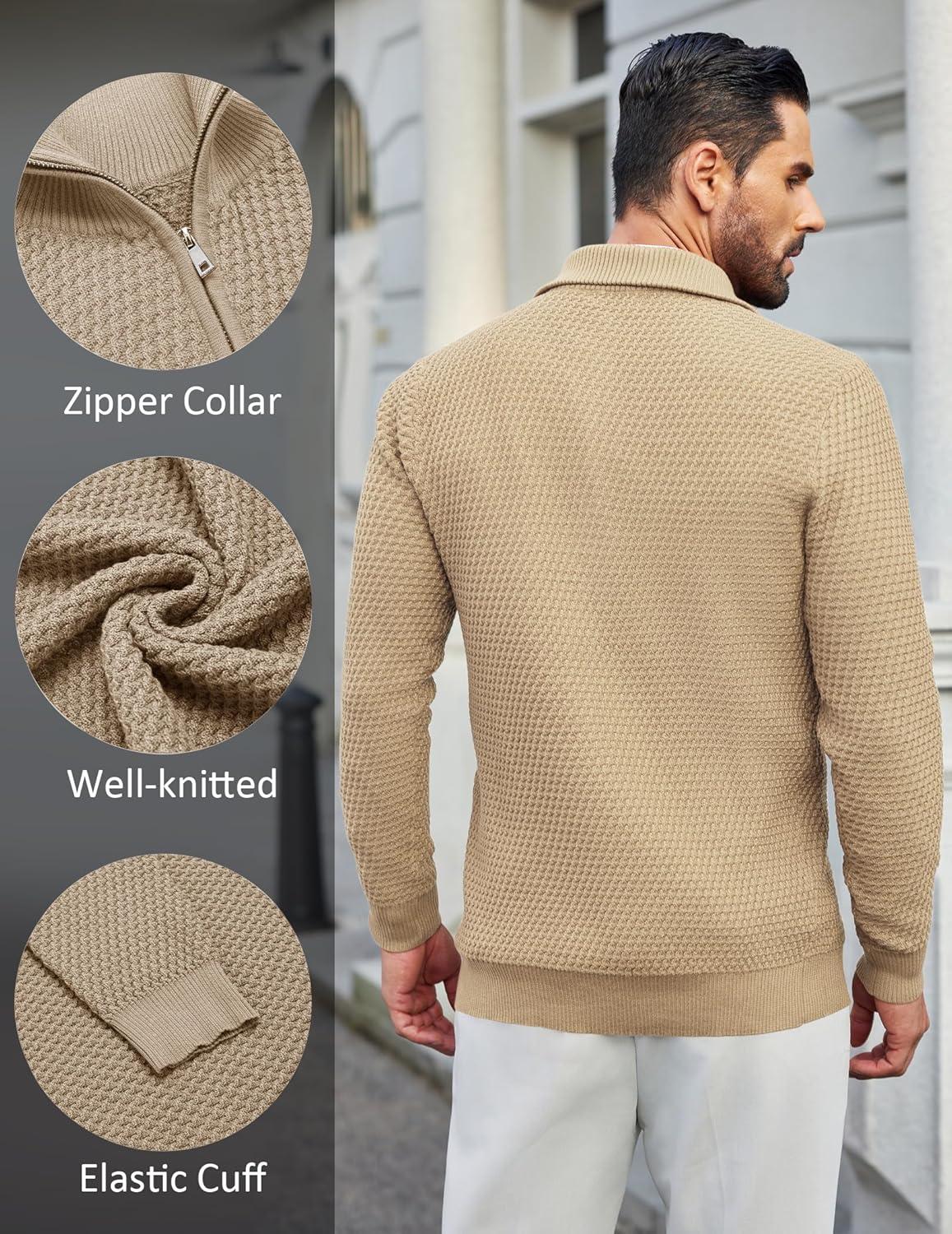 imageCOOFANDY Mens Quarter Zip Pullover Sweater Slim Fit Waffle Mock Turtleneck Polo Sweater Casual Long Sleeve SweatshirtKhaki