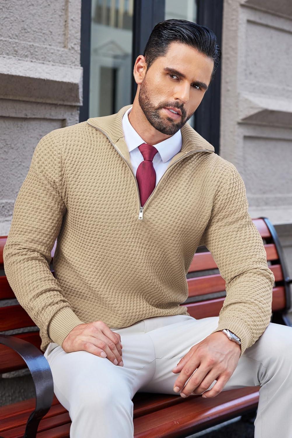 imageCOOFANDY Mens Quarter Zip Pullover Sweater Slim Fit Waffle Mock Turtleneck Polo Sweater Casual Long Sleeve SweatshirtKhaki