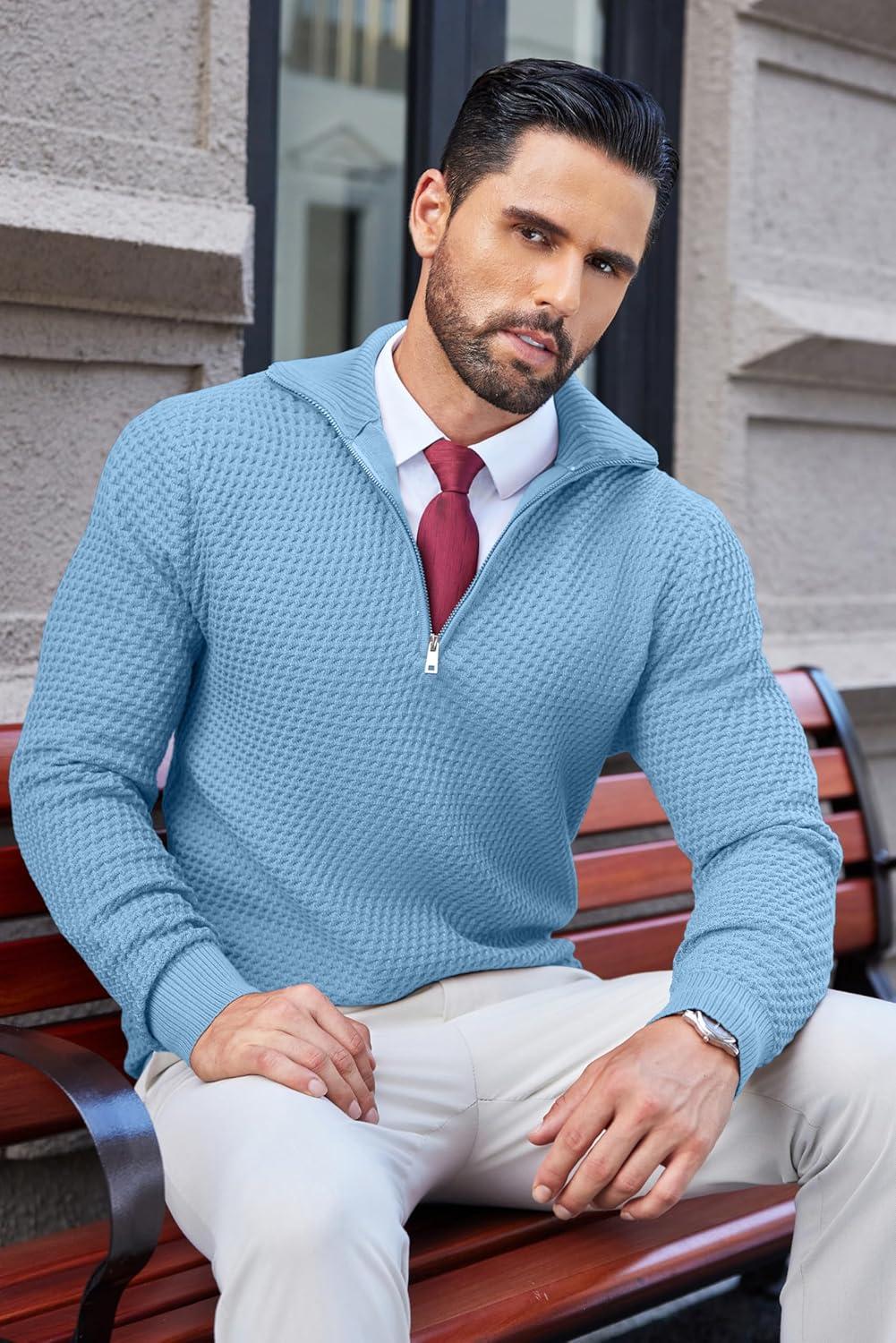 imageCOOFANDY Mens Quarter Zip Pullover Sweater Slim Fit Waffle Mock Turtleneck Polo Sweater Casual Long Sleeve SweatshirtLight Blue