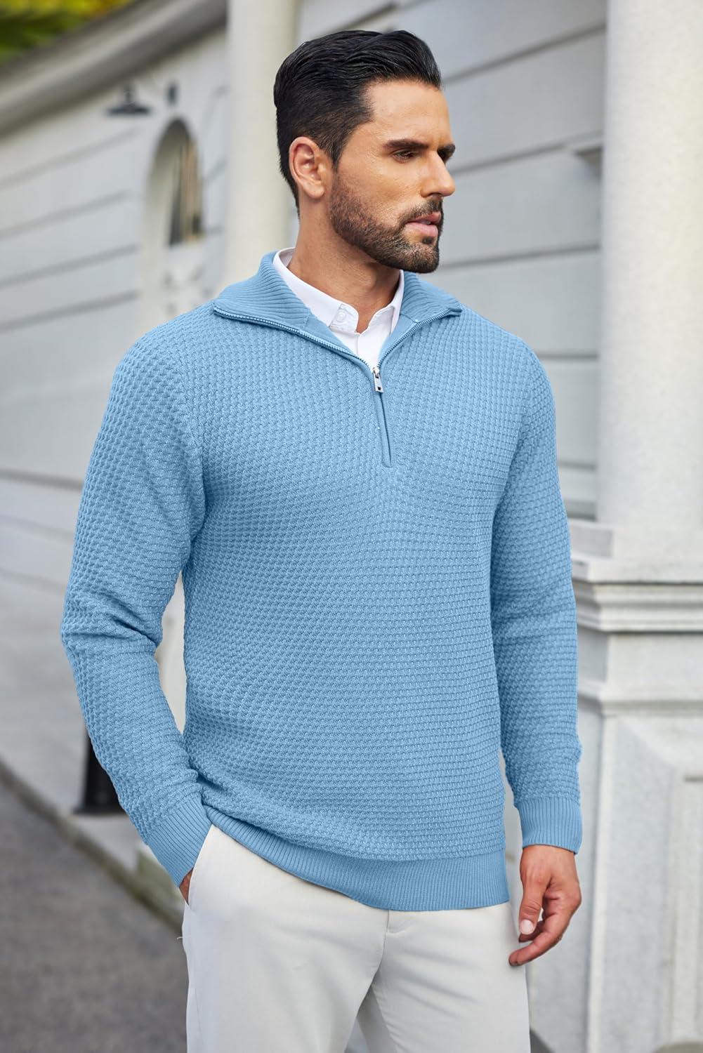 imageCOOFANDY Mens Quarter Zip Pullover Sweater Slim Fit Waffle Mock Turtleneck Polo Sweater Casual Long Sleeve SweatshirtLight Blue