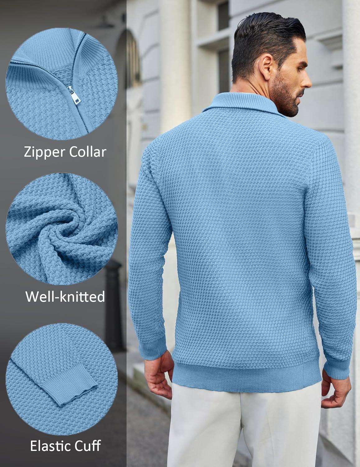 imageCOOFANDY Mens Quarter Zip Pullover Sweater Slim Fit Waffle Mock Turtleneck Polo Sweater Casual Long Sleeve SweatshirtLight Blue