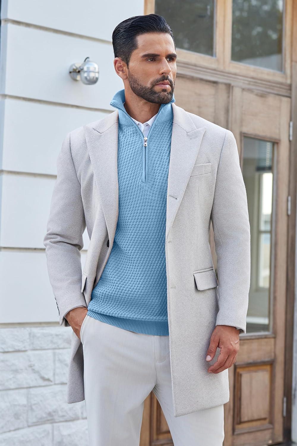 imageCOOFANDY Mens Quarter Zip Pullover Sweater Slim Fit Waffle Mock Turtleneck Polo Sweater Casual Long Sleeve SweatshirtLight Blue
