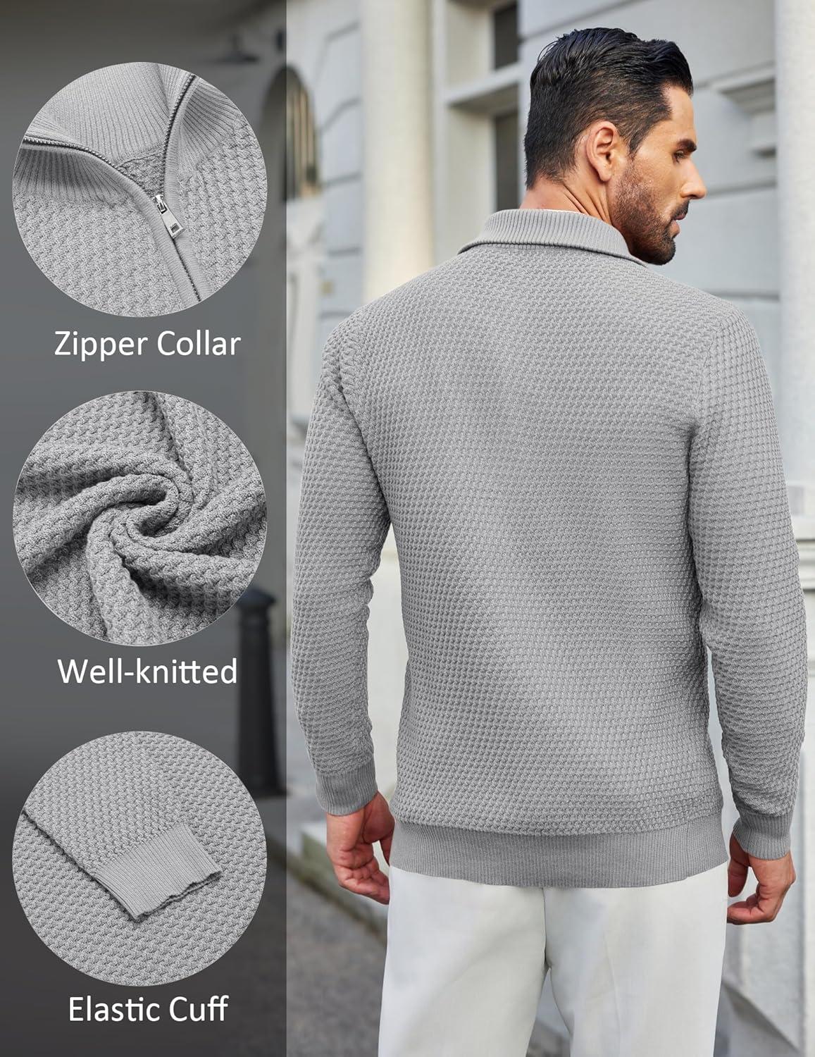 imageCOOFANDY Mens Quarter Zip Pullover Sweater Slim Fit Waffle Mock Turtleneck Polo Sweater Casual Long Sleeve SweatshirtLight Grey