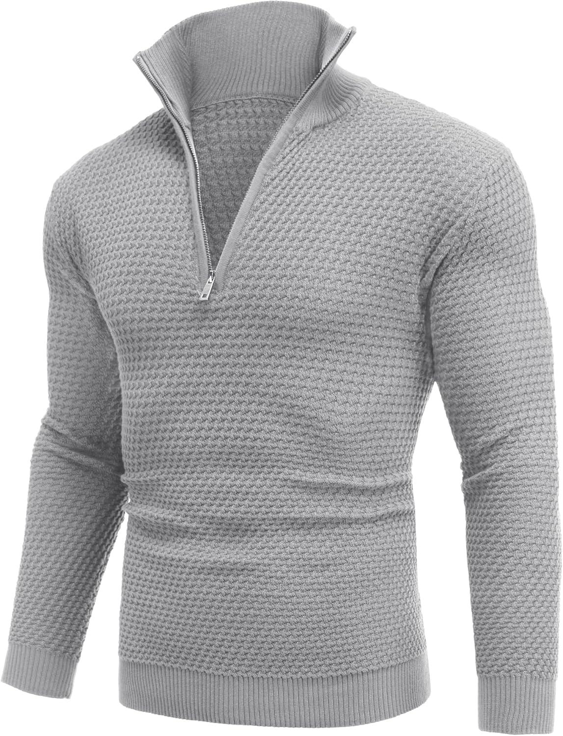 imageCOOFANDY Mens Quarter Zip Pullover Sweater Slim Fit Waffle Mock Turtleneck Polo Sweater Casual Long Sleeve SweatshirtLight Grey