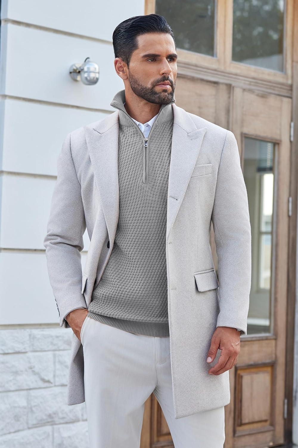 imageCOOFANDY Mens Quarter Zip Pullover Sweater Slim Fit Waffle Mock Turtleneck Polo Sweater Casual Long Sleeve SweatshirtLight Grey