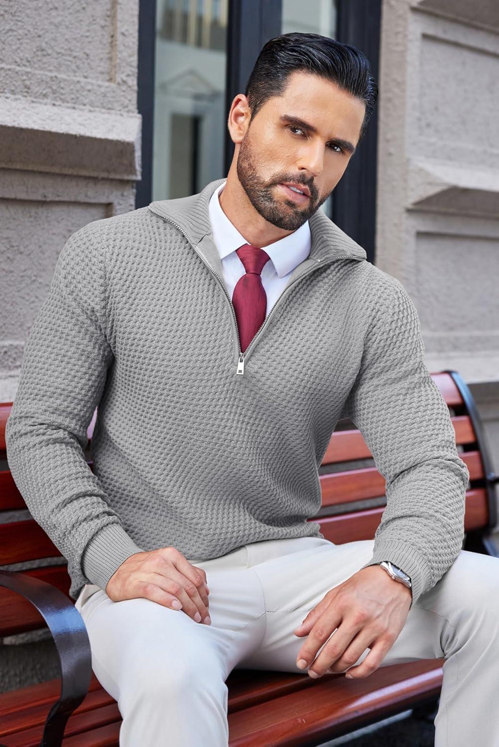 imageCOOFANDY Mens Quarter Zip Pullover Sweater Slim Fit Waffle Mock Turtleneck Polo Sweater Casual Long Sleeve SweatshirtLight Grey